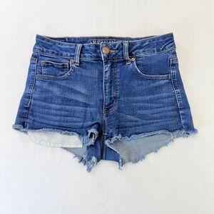 American Eagle Jean Shorts Women's 8 Hi-Rise Shortie Cutoff Raw‎ Hem Blue Denim